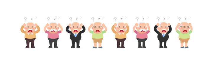 Character set of Old men, Older seniors retired are confused and thinking with question marks, hands on head, An elderly man cartoon design in 4 Different flat style Vector illustration