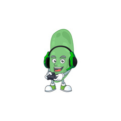 A cartoon design of thermus thermophilus clever gamer play wearing headphone