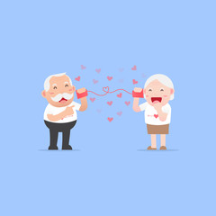 Happy lovers Grandparents, Senior couples retired elderly having a love conversation with a romantic paper cup phone, Love concept, Character Cartoon design flat style Vector illustration