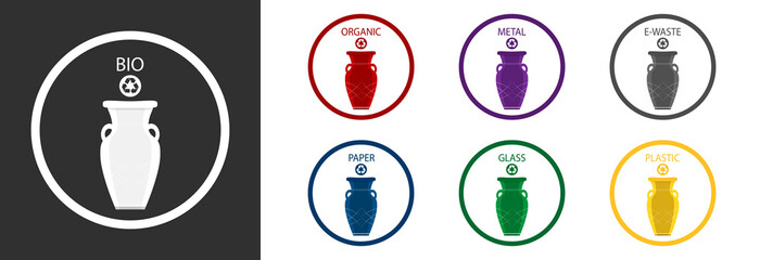 Garbage container and recycling sign. Icon in different colors on a white background.