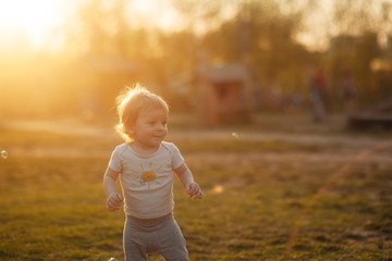 little boy in the meadow at sunset from the back at golden hour