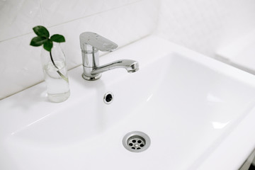 White and clean bathroom. White washbasin with a green plant in a vase. Conceptual photo