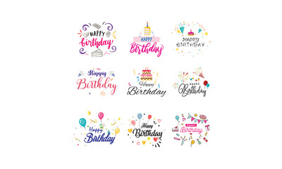 Fototapeta na wymiar Happy Birthday vector pack party celebration for men women boys girls baby children SVG vector design illustration colorful cakes balloons black pink