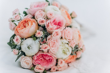 Wedding bouquet on a brides wedding day.