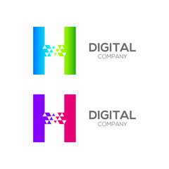 Abstract Letter H Pixel logo with Triangle Shape, Arrow Fly Forward Signs, Media Play Symbols, Technology and Digital Connection concept for your Corporate identity Business company