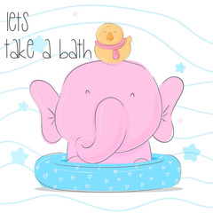 Cute animal cartoon elephant take a bath illustration for kids