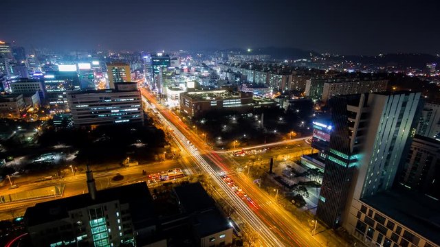 Timelapse shot of intersection. Showing busy city life. South Korea.