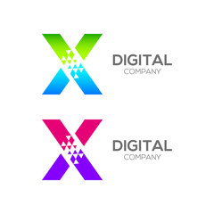 Abstract Letter X Pixel logo with Triangle Shape, Arrow Fly Forward Signs, Media Play Symbols, Technology and Digital Connection concept for your Corporate identity Business company