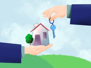illustration of sale house with keys. Real estate agency with mortgage