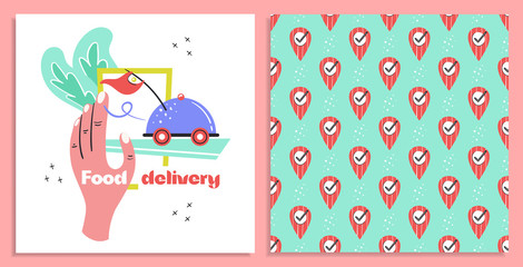 Online order. Hand holding phone. Fast food delivery. Fast shop service, gps, transport. Postcard. Self isolation. Flat colourful vector illustration, art with seamless pattern isolated on background.