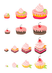 Cakes sizes set. Variety of Cake dessert with a cherry. Pastry fancy. Vector Isometric infographic illustration.