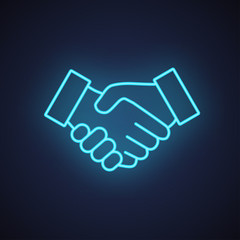 Handshake neon blue line icon. Glowing sign logo
