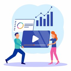 Vector illustration. Creative teamwork. 2 business people build business projects on the Internet with video tutorials. Screen, graphic. Performance of collective tasks. - Vector.