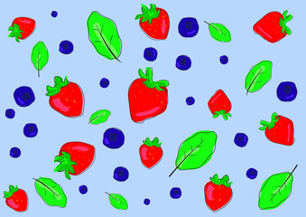 Fresh fruits illustrations collection isolated on a blue background. Strawberry, blueberry, mint leaf set vector drawing, organic food hand drawn. Summer Vitamin Concept. Berry pattern.