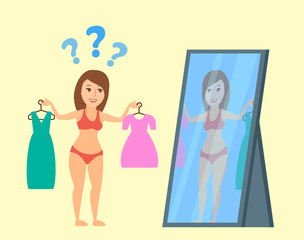 woman in lingerie choose a dress try on clothes in front of mirror