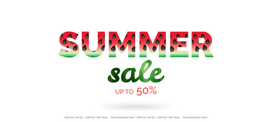 summer sale banner with watermelon made letters on white background