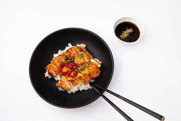 Rice covered by Teriyaki Chicken