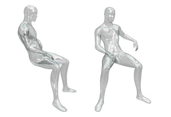 Transparent invisible body of a seated figure of a man. Front and side view. Cyberpunk design element. 3d illustration. Glass or plastic transparent human figure.
