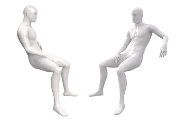 Mannequin of the male body. White plastic 3d illustration realistic model of a mannequin for a store. A man is sitting on the surface. Side views. Clothes sale. Shop window decor.