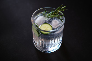 Alcoholic drink gin tonic cocktail with cucumber, rosemary and ice