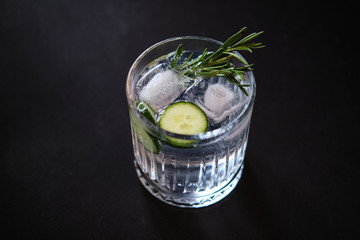 Alcoholic drink gin tonic cocktail with cucumber, rosemary and ice
