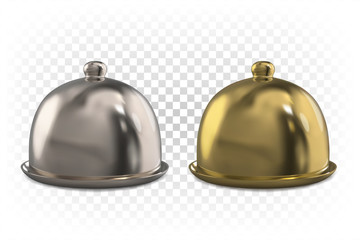 Dome for restaurant dishes. 3D realistic golden and silver closed cloche for dishes in front view isolated on a white transparent background.