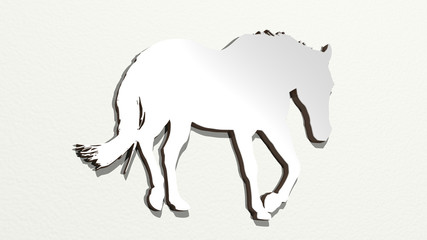 horse on the wall. 3D illustration of metallic sculpture over a white background with mild texture
