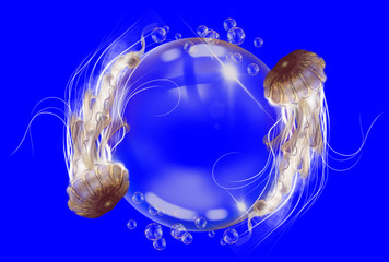 Circular frame for inscriptions on blue. Two jellyfish along the air bubble contour. Digital drawing