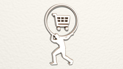 MAN CARRYING SHOPPING CART on the wall. 3D illustration of metallic sculpture over a white background with mild texture