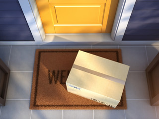 Online purchase delivery service concept. Cardboard parcel box delivered outside the door. Parcel on the door mat near entrance door. 3d rendering