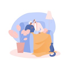 Elderly couple stay home. Quarantine or self-isolation. Grandparents health care concept. Fears of getting coronavirus. Global viral epidemic. Vector man and a woman spend time together at home.