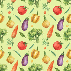 Watercolor seamless pattern of vegetables (tomato, eggplant, carrots, broccoli, peppers, onions) on a green background. Healthy food, vegetarian.