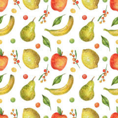 Watercolor seamless pattern of bright fruits (apple, banana, pear, lemon). Healthy food. Vegan. Vitamins.