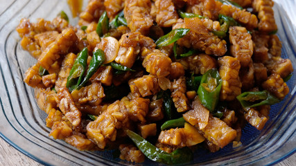 stir fried Tempe with green chili, also known as oseng tempe cabe hijau