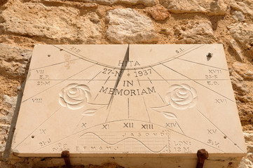 Precious Sundial Sculpted On The Wall In Memory Of The Archpriest Of Hita. July 23, 2019. Hita Guadalajara Castilla La Mancha. Spain. Travel Tourism Holidays