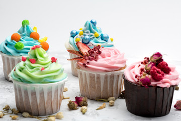 Colorful cupcakes with different modern decoration on light grey background
