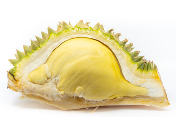 Close up peeled Durian isolated on white background for eat, the famous fruit from Thailand, it also known as The King of Fruits.