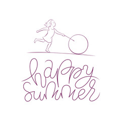 Happy summer hand drawn vector lettering. Girl rolls hoop line style illustration. T shirt design, children party poster, outdoor game banner.