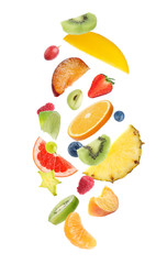 Fresh tasty fruits and berries falling on white background