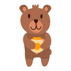 Cute bear cartoon hand drawn vector illustration in flat style with a jar of honey. Can be used for printing on t-shirts, children s clothing, children s invitation cards