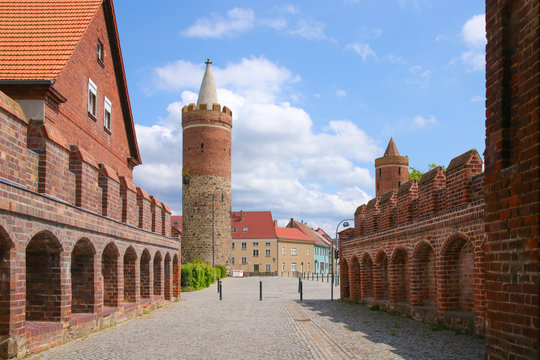View from the Town gate (Dam gate) of Jueterbog to the watch tower, federal state Brandenburg - Germany