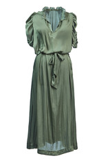Fototapeta na wymiar Long silk dress with short sleeves and a belt at the waist of a greenish-olive color, isolated on a white background on a transparent mannequin.