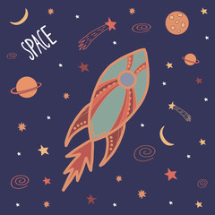 Colorful cute cartoon doodle rocket in outer space. Galaxy pattern for prints on t-shirt, fabric, paper. Vector stock illustration.