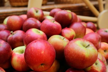 Red apples at the market. Fruit and business concept.