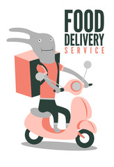 Funny cartoon rabbit with big bag delivering food on scooter. Food delivery service concept poster. Vector illustration.