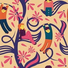 Happy cartoon people relaxing on leaf seamless pattern vector flat illustration. Pleasant man and woman smiling, sitting and hanging on branches. Cute person surrounded by colorful blossom ornament