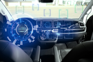 Futuristic technology. Car interior with graphical user interface