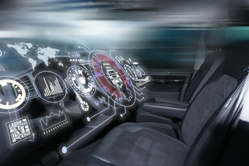 Futuristic technology. Car interior with graphical user interface