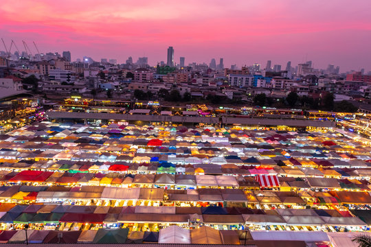 Cityscape of Bangkok, name of this place Ratchada Rot Fai Night Train Market in Bangkok, Thailand