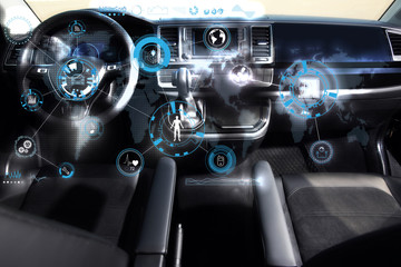 Futuristic technology. Car interior with graphical user interface